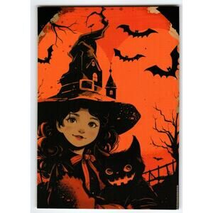 Vintage Style Halloween Witch & Black Cat Photochrome Postcard 5.5x4"
